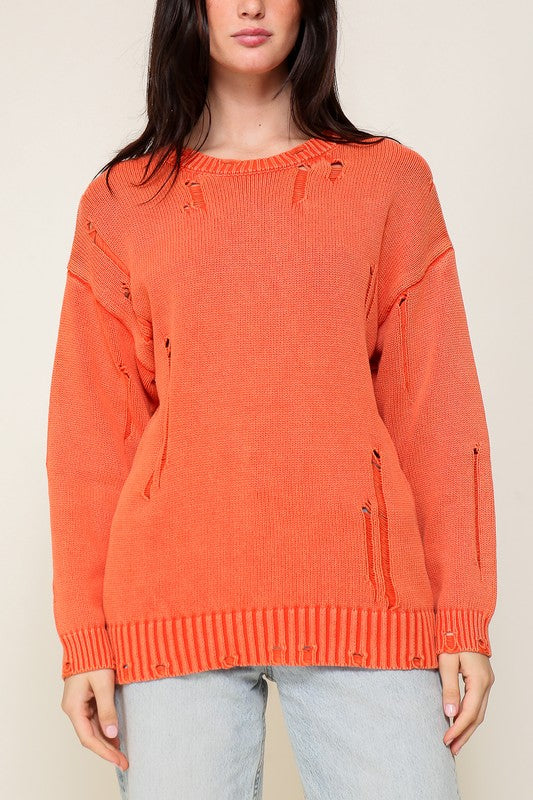 DISTRESSED MINERAL WASHED TRENDY WOMENS PULLOVER SWEATER