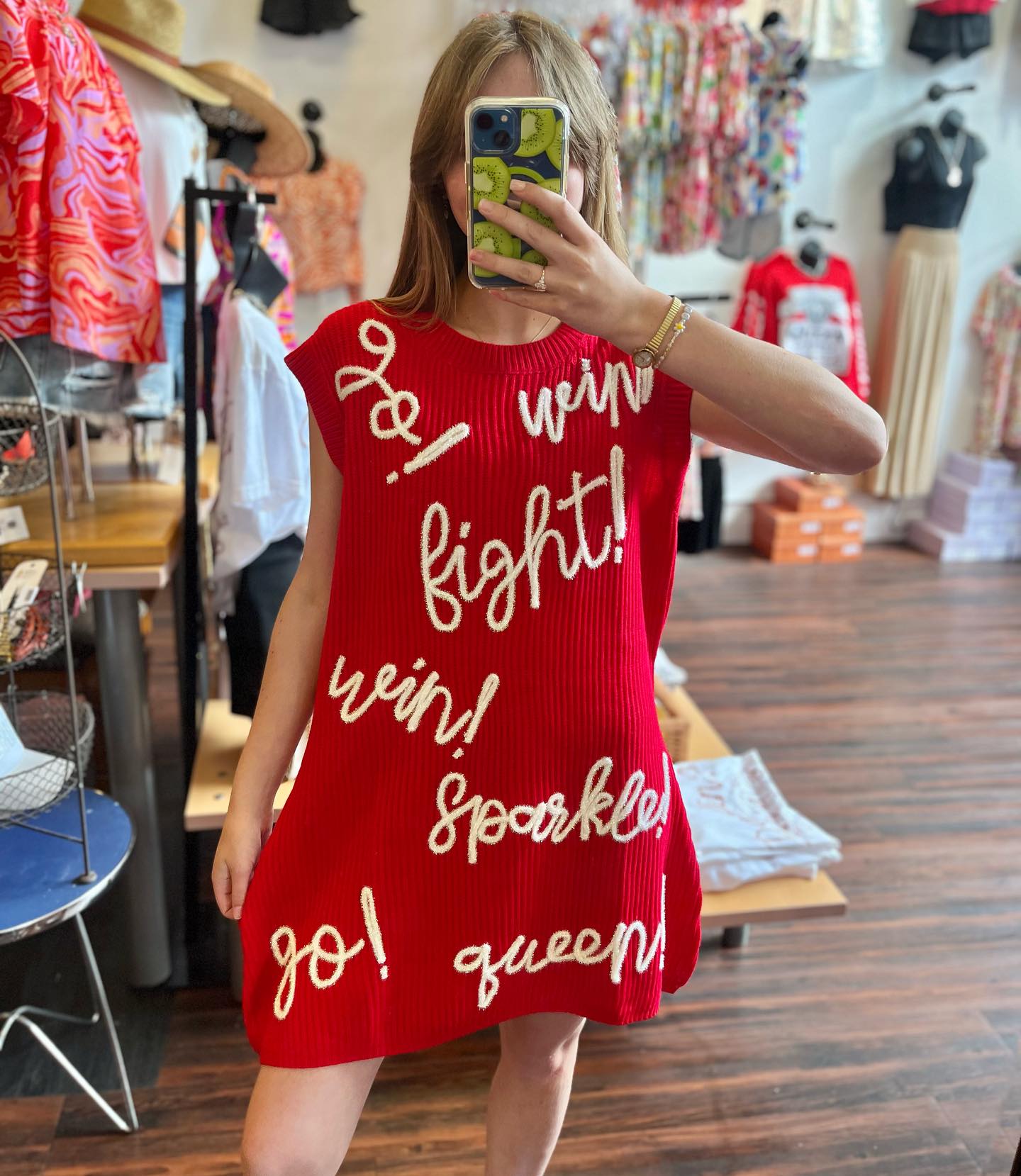 QUEEN OF SPARKLES RED WHITE GO FIGHT WIN KNIT DRESS