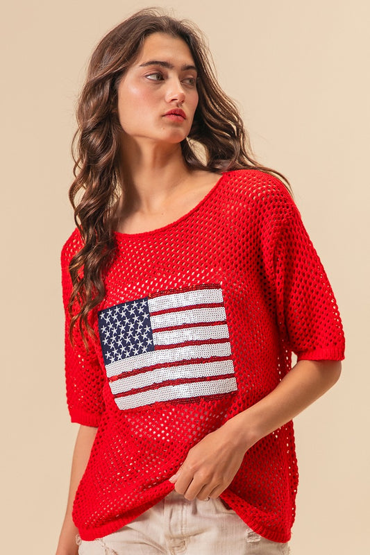 RED SEQUIN AMERICAN FLAG PATCH SHIRT