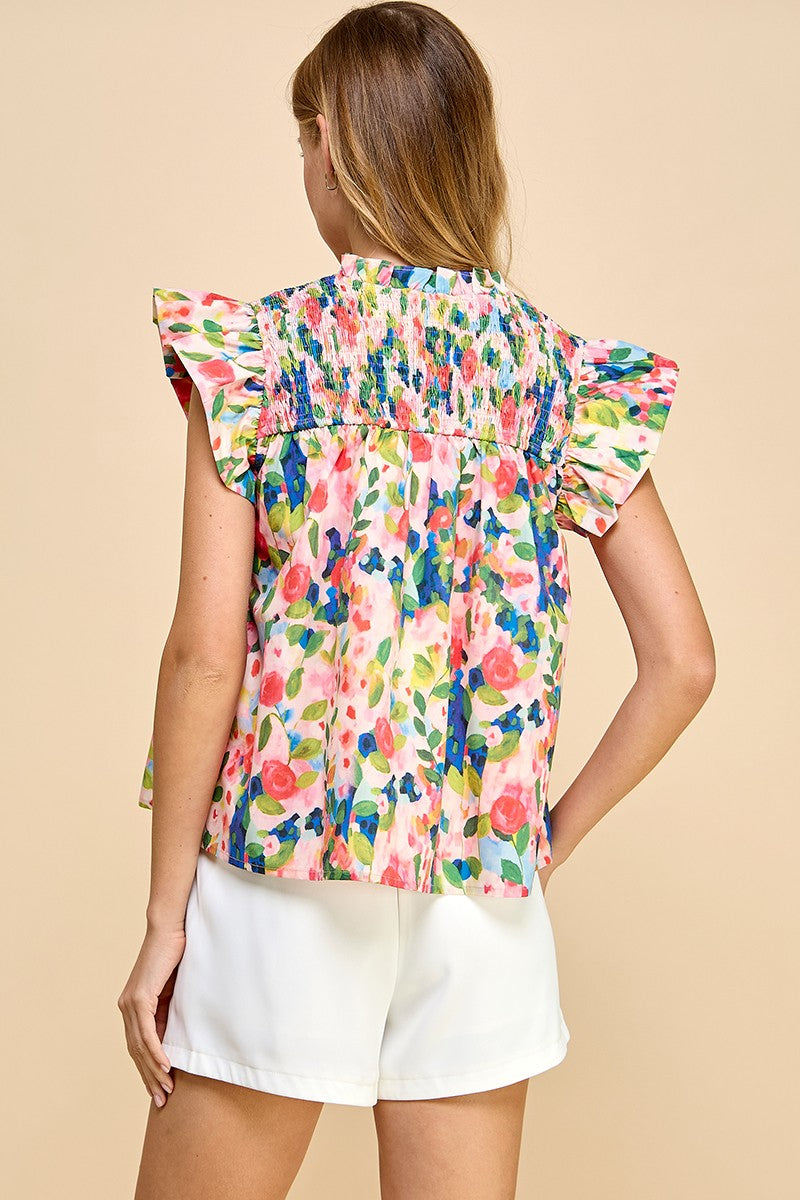 Pink Floral Printed Ruffle Neckline Top
