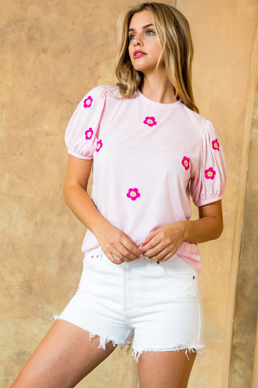 FLOWER POWER PUFF SLEEVE EMBROIDERED TOP