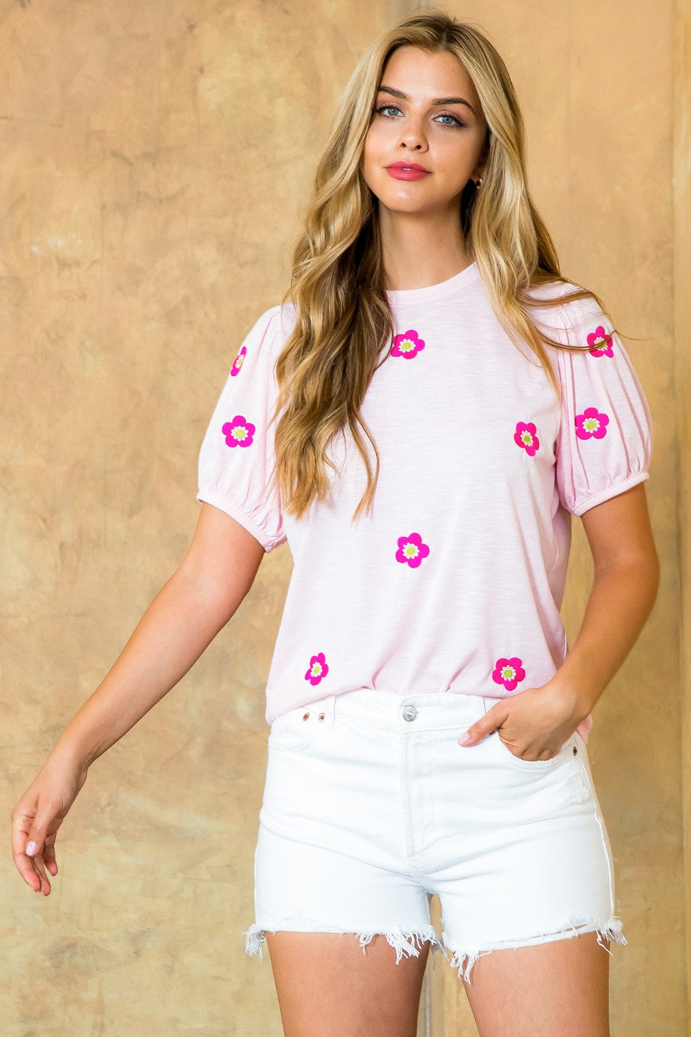 FLOWER POWER PUFF SLEEVE EMBROIDERED TOP