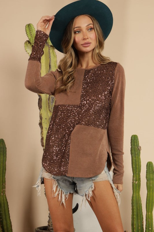 HOLIDAY OR NOT CREW NECK SEQUIN AND KNIT TOP