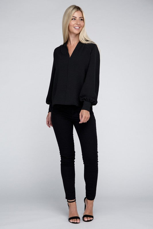WOVEN AIRFLOW V-NECK LONG SLEEVE TOP