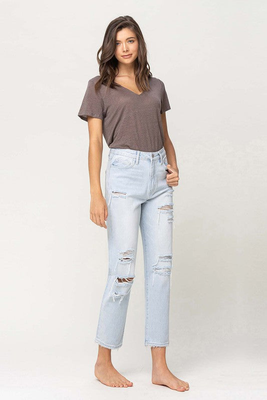 SUPER HIGH RISE DISTRESSED CROP STRAIGHT JEANS