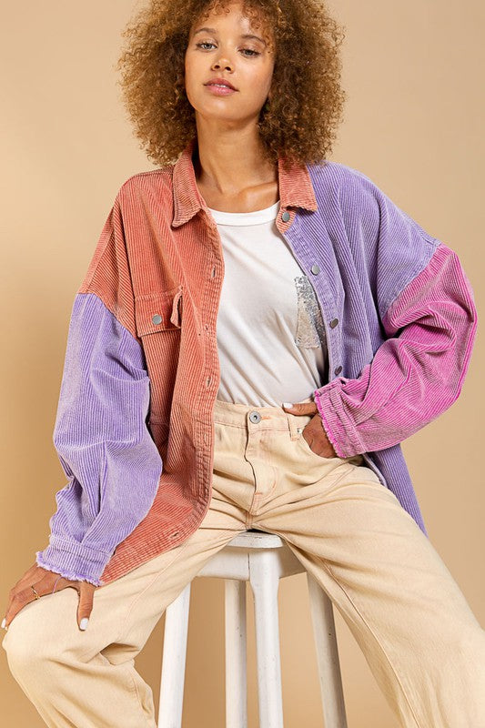 TRENDY BALLOON SLEEVE W CONTRAST COLOR CORDUROY SHACKET/JACKET BY POL