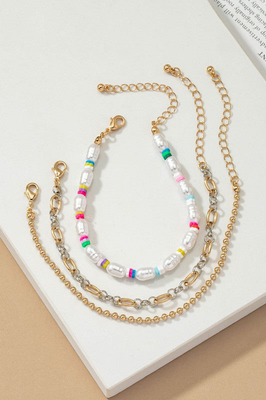 Pearl and chain multi color bracelets set