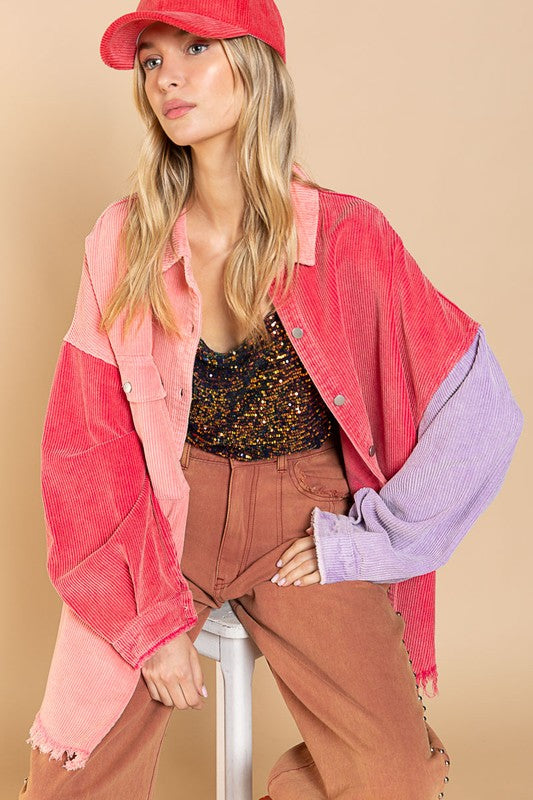 TRENDY BALLOON SLEEVE W CONTRAST COLOR CORDUROY SHACKET/JACKET BY POL