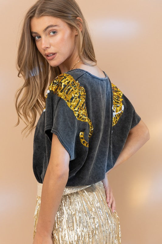 SEQUIN TIGER TRENDY AND EDGY V NECK T SHIRT