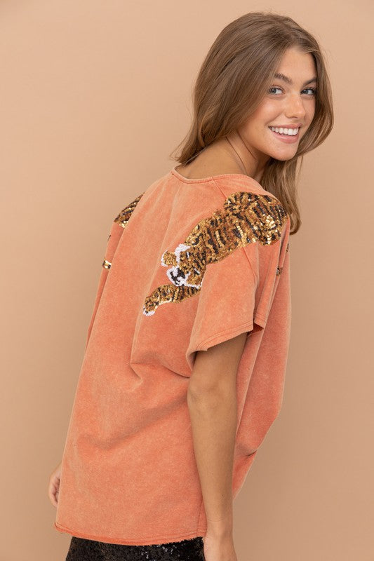 SEQUIN TIGER TRENDY AND EDGY V NECK T SHIRT
