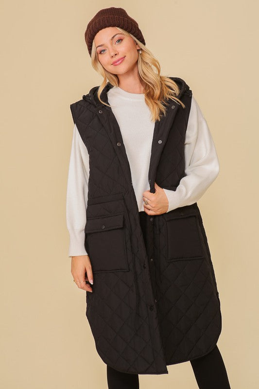 BEST SELLING WOMENS QUILTED MIDI HOODED VEST