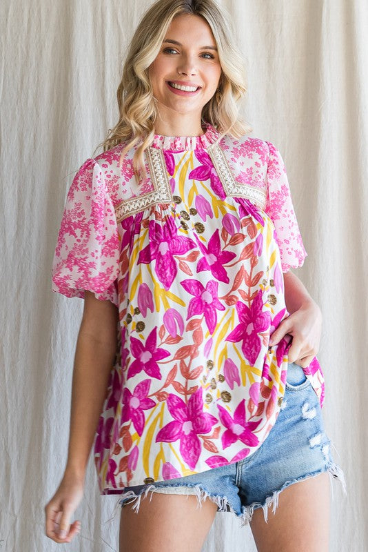 Floral Front Embroidery Yoke Top