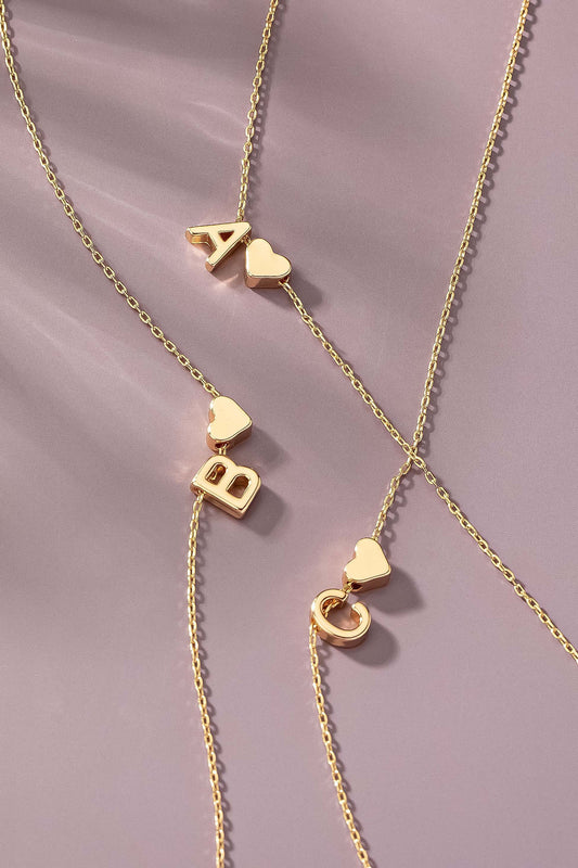 Brass Mini Initial With Heart Charm Necklace
