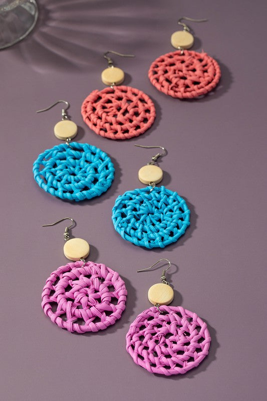 bright color rattan woven disk drop earrings
