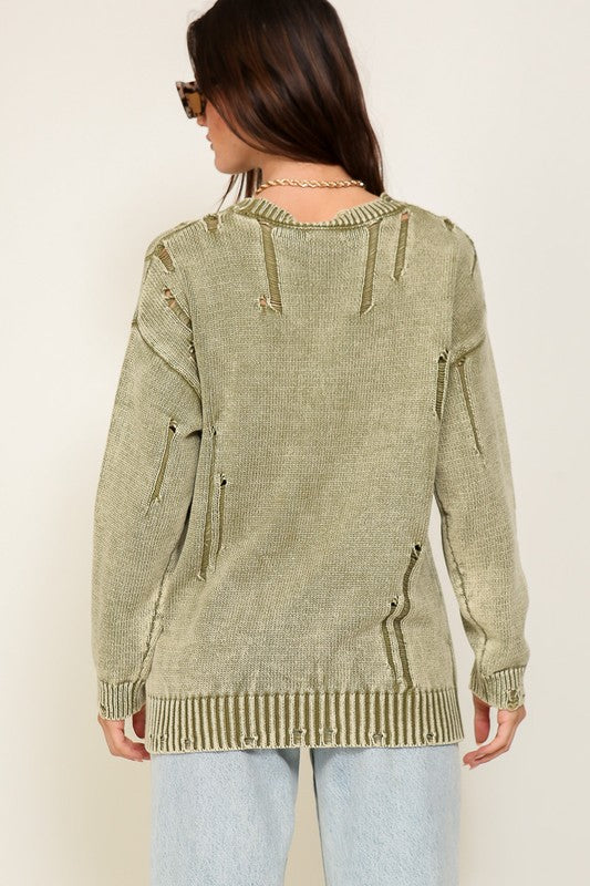 DISTRESSED MINERAL WASHED TRENDY WOMENS PULLOVER SWEATER