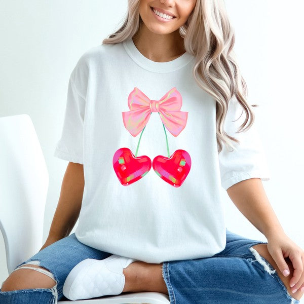 Bows and Heart Cherries Coquette Garment Dyed Tee