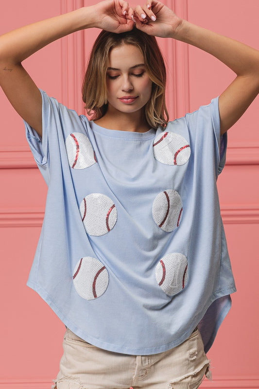 Blue Sequin Baseball patches washed short sleeve top