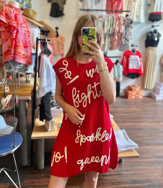 QUEEN OF SPARKLES RED WHITE GO FIGHT WIN KNIT DRESS