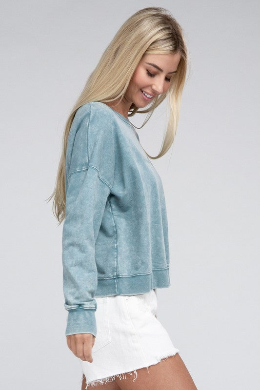 BONJOUR FRENCH TERRY ACID WASH BOAT NECK PULLOVER