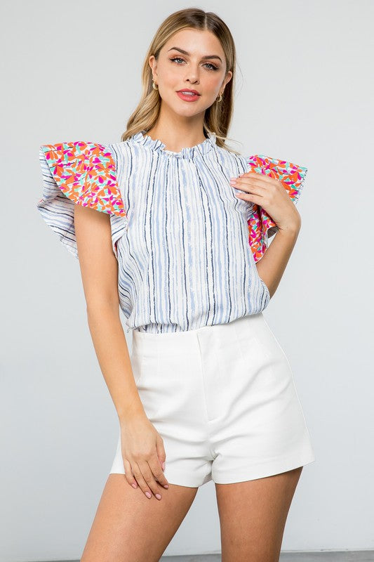HELLO SUMMER STRIPE EMBROIDERED SLEEVE TOP