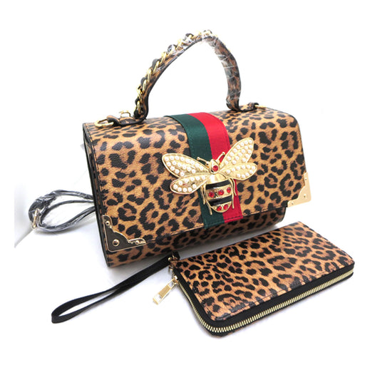 Leopard bee charm handbag