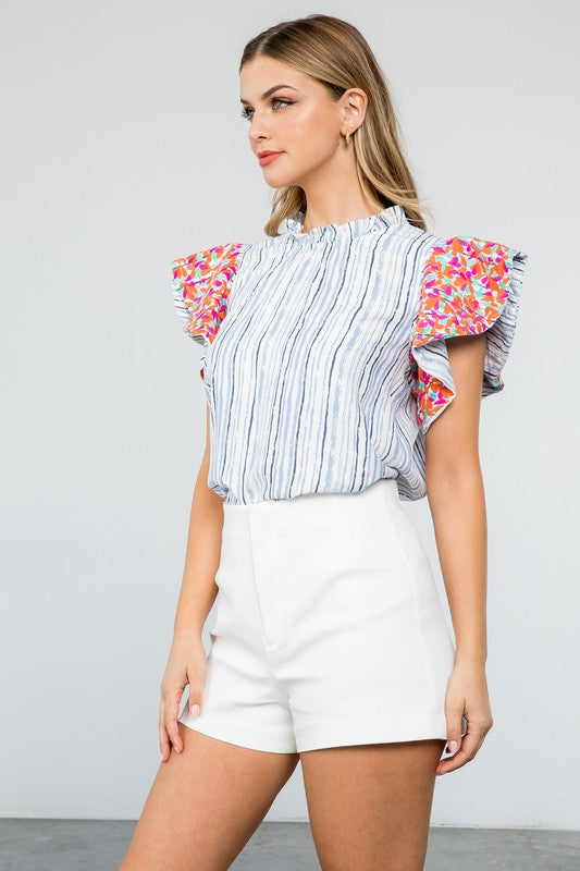 HELLO SUMMER STRIPE EMBROIDERED SLEEVE TOP